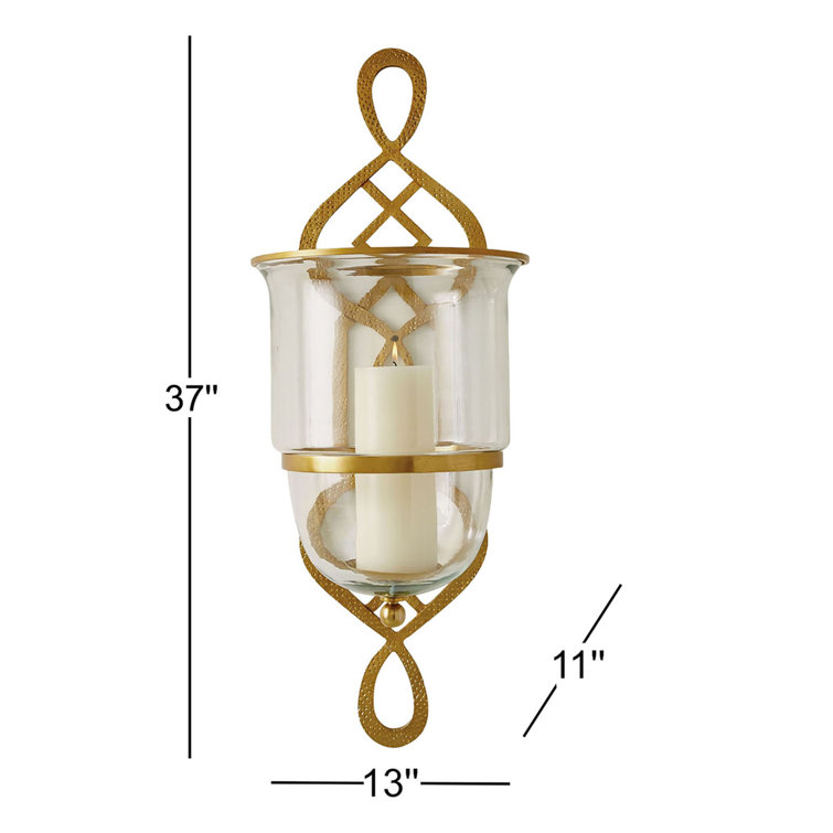 Grand Fret Gold Hand-Forged Iron Wall Sconce with Glass Hurricane