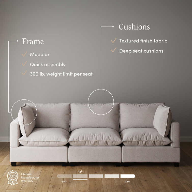 Beige Linen Fabric 3-Seater Sofa with Removable Cushions and Ottoman