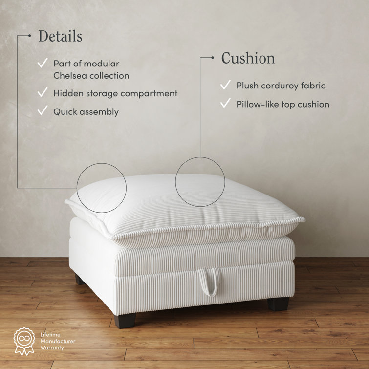 Pearl White Corduroy Upholstered Storage Ottoman with Removable Cushions