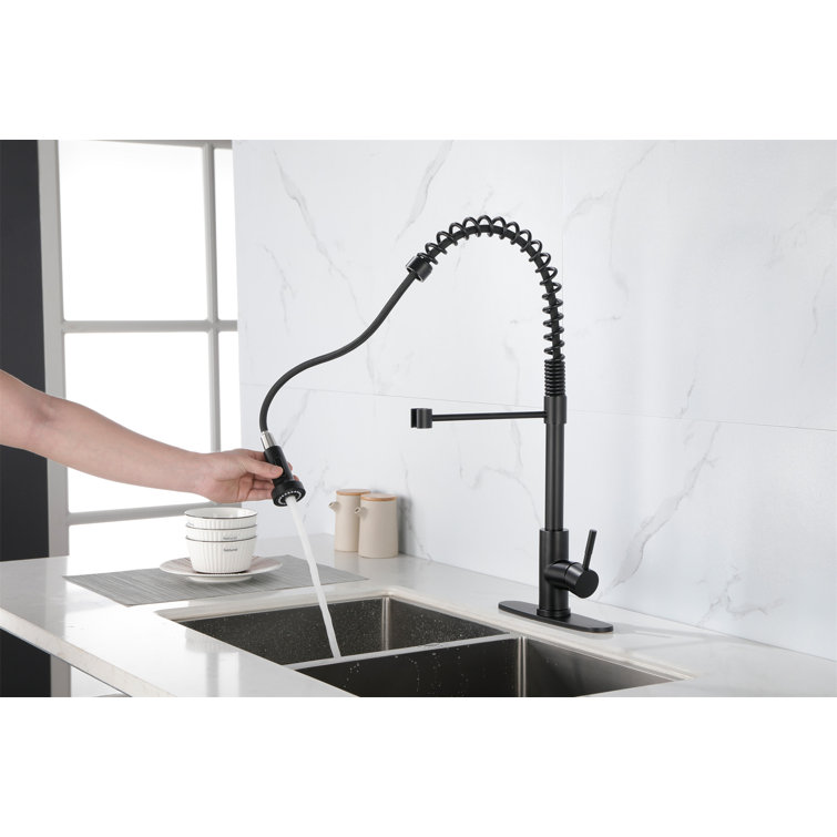 Matte Black Commercial Spring Kitchen Faucet with Pull-Out Sprayer