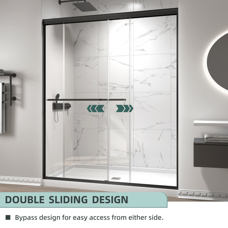 Matte Black Double Sliding Semi-Frameless Shower Door with Clear Glass