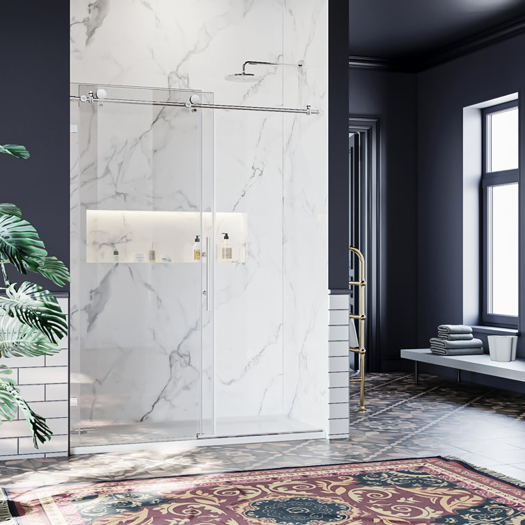 60" Clear Tempered Glass Frameless Sliding Shower Door with Brushed Nickel Handle
