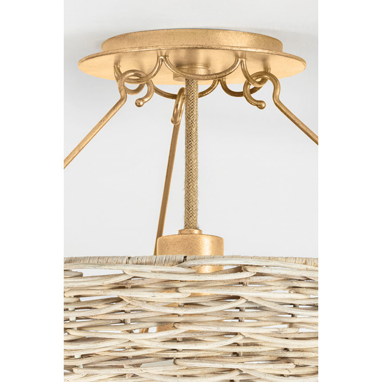 Vintage Gold Leaf Woven Wicker Semi Flush Mount Light