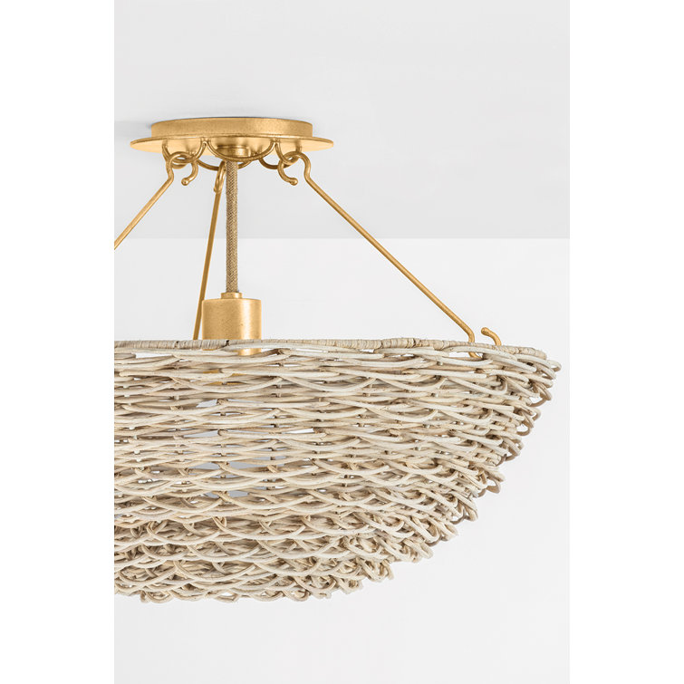 Vintage Gold Leaf Woven Wicker Semi Flush Mount Light