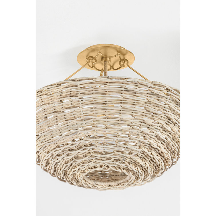 Vintage Gold Leaf Woven Wicker Semi Flush Mount Light