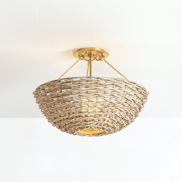 Vintage Gold Leaf Woven Wicker Semi Flush Mount Light