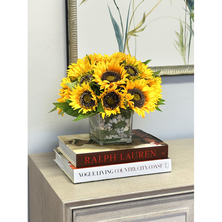Vibrant Yellow Faux Sunflowers in Clear Glass Vase