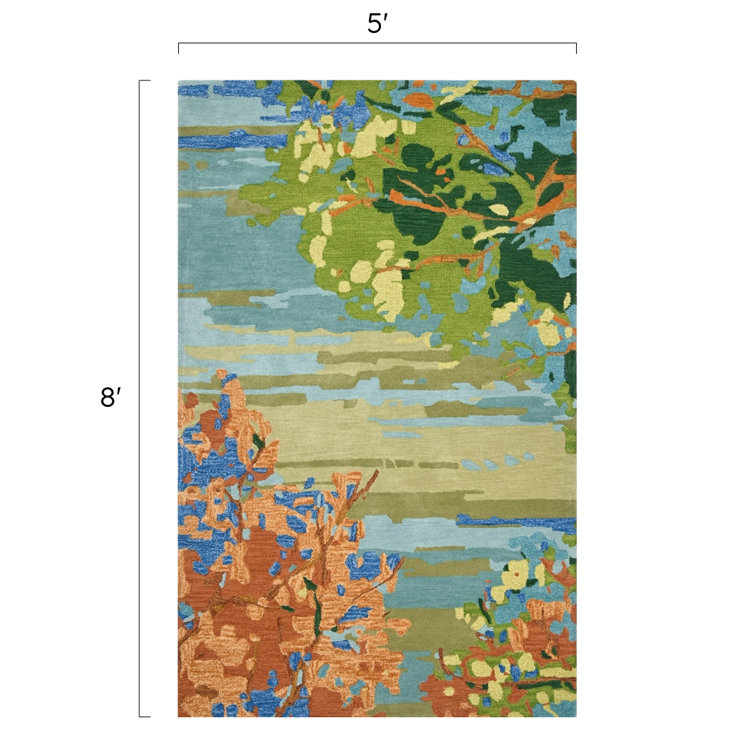 Handmade Blue and Green Wool Landscape Area Rug 5' x 8'
