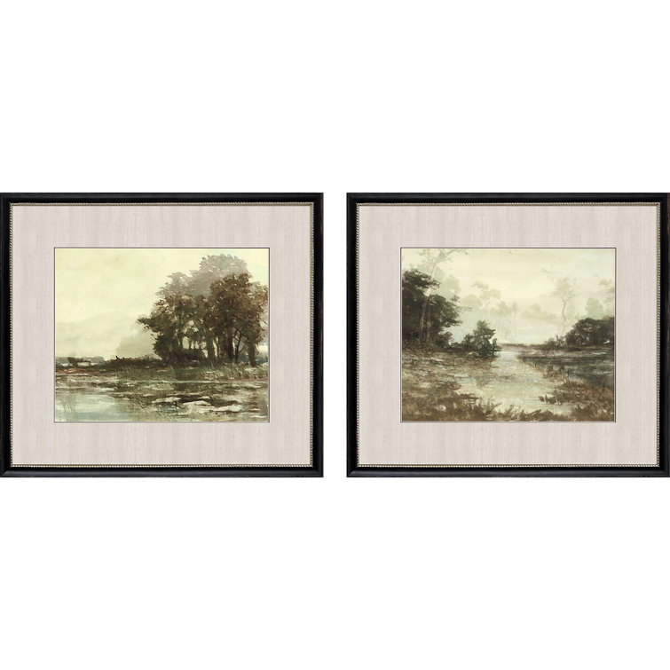 Muted Green and Brown Landscape Print with Black and Gold Frame