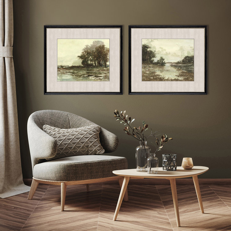 Muted Green and Brown Landscape Print with Black and Gold Frame