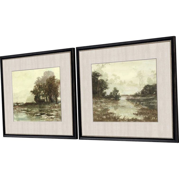 Muted Green and Brown Landscape Print with Black and Gold Frame
