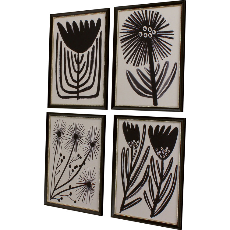 Medium Wood Framed Abstract Floral Art Set in Black and Beige
