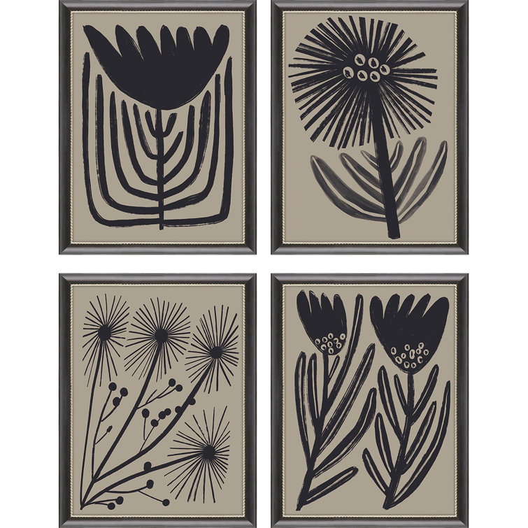 Medium Wood Framed Abstract Floral Art Set in Black and Beige