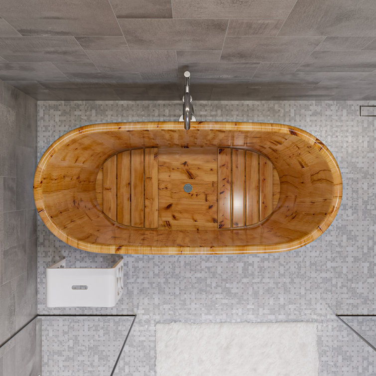 63'' Natural Cedar Freestanding Soaking Bathtub with Iron Wraps
