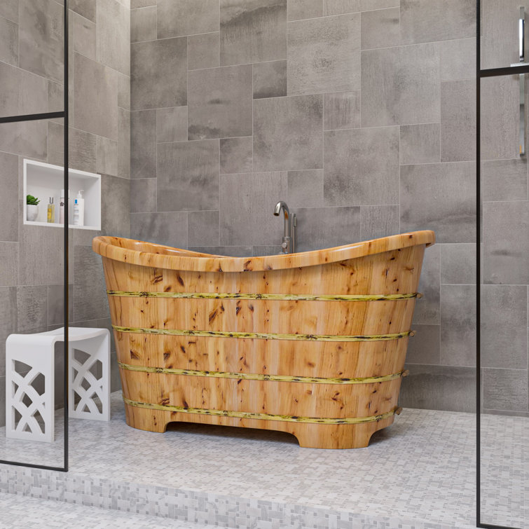 63'' Natural Cedar Freestanding Soaking Bathtub with Iron Wraps