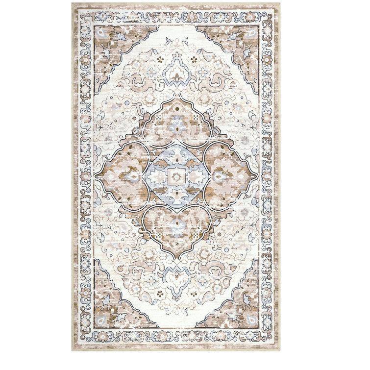 Beige and Brown Oriental Machine Washable Chenille Rug