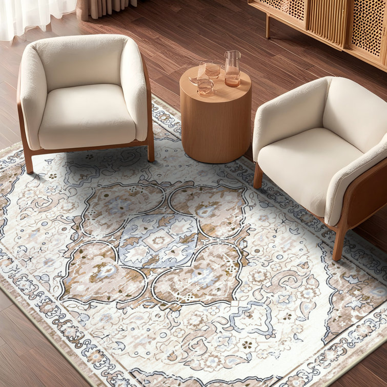 Beige and Brown Oriental Machine Washable Chenille Rug