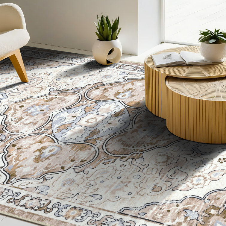 Beige and Brown Oriental Machine Washable Chenille Rug