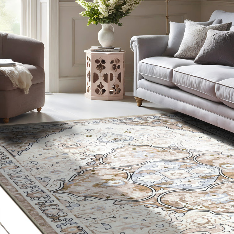 Beige and Brown Oriental Machine Washable Chenille Rug