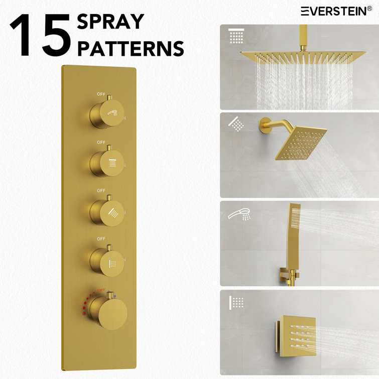 16" Brushed Gold Multi-Head Rainfall Shower System with Handheld