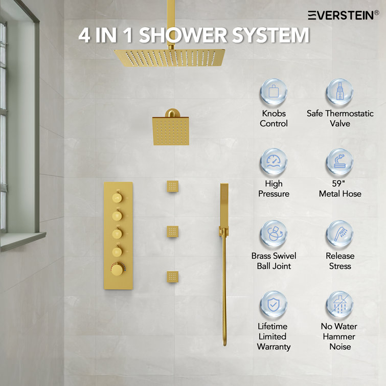 16" Brushed Gold Multi-Head Rainfall Shower System with Handheld
