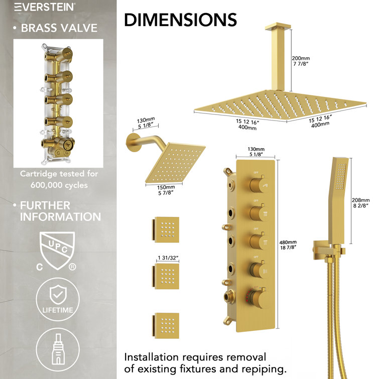 16" Brushed Gold Multi-Head Rainfall Shower System with Handheld