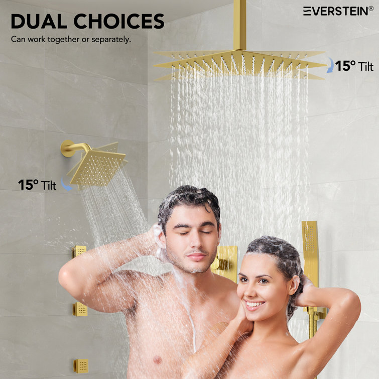 16" Brushed Gold Multi-Head Rainfall Shower System with Handheld