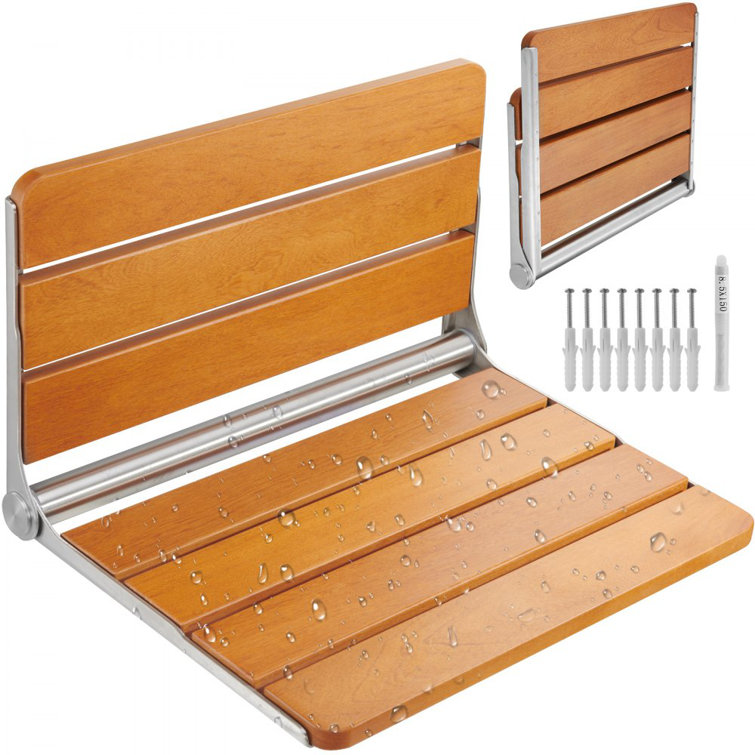 Wall-Mounted Teak Wood Folding Shower Bench, 20.9 x 16 inches
