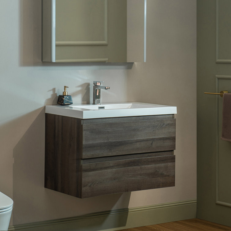 29.5" Grey Oak Composite Floating Vanity with White Resin Top