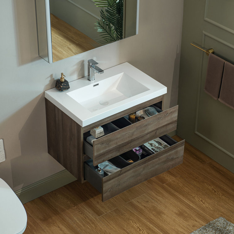 29.5" Grey Oak Composite Floating Vanity with White Resin Top