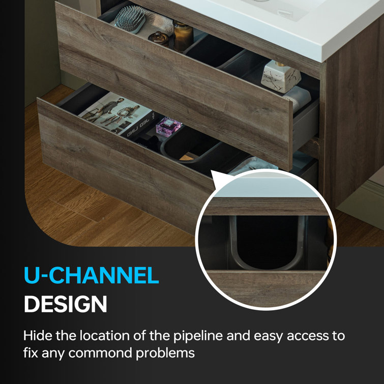 29.5" Grey Oak Composite Floating Vanity with White Resin Top