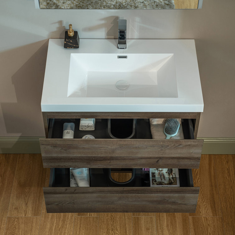 29.5" Grey Oak Composite Floating Vanity with White Resin Top