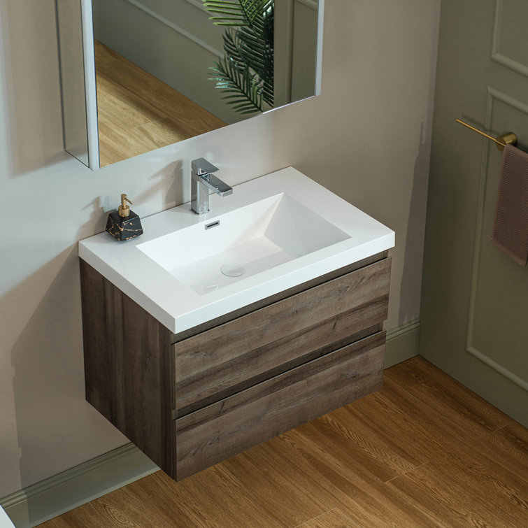 29.5" Grey Oak Composite Floating Vanity with White Resin Top