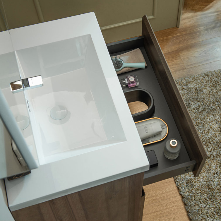 29.5" Grey Oak Composite Floating Vanity with White Resin Top