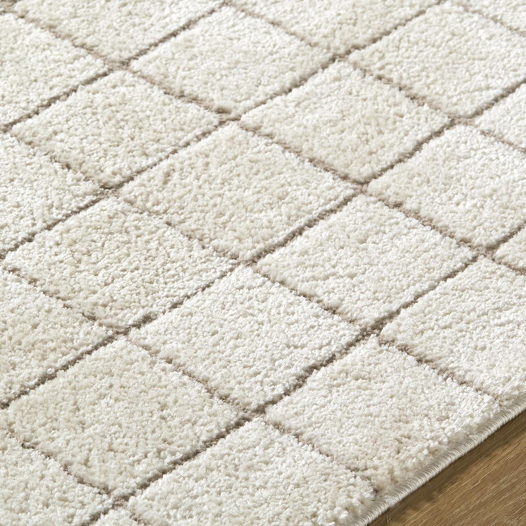 Ivory and Taupe High Pile Grid Area Rug