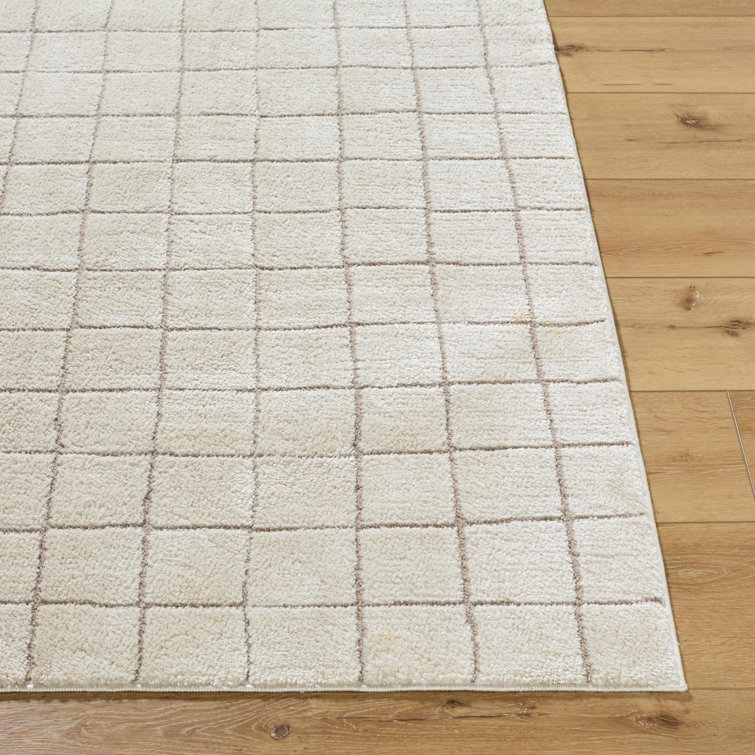 Ivory and Taupe High Pile Grid Area Rug