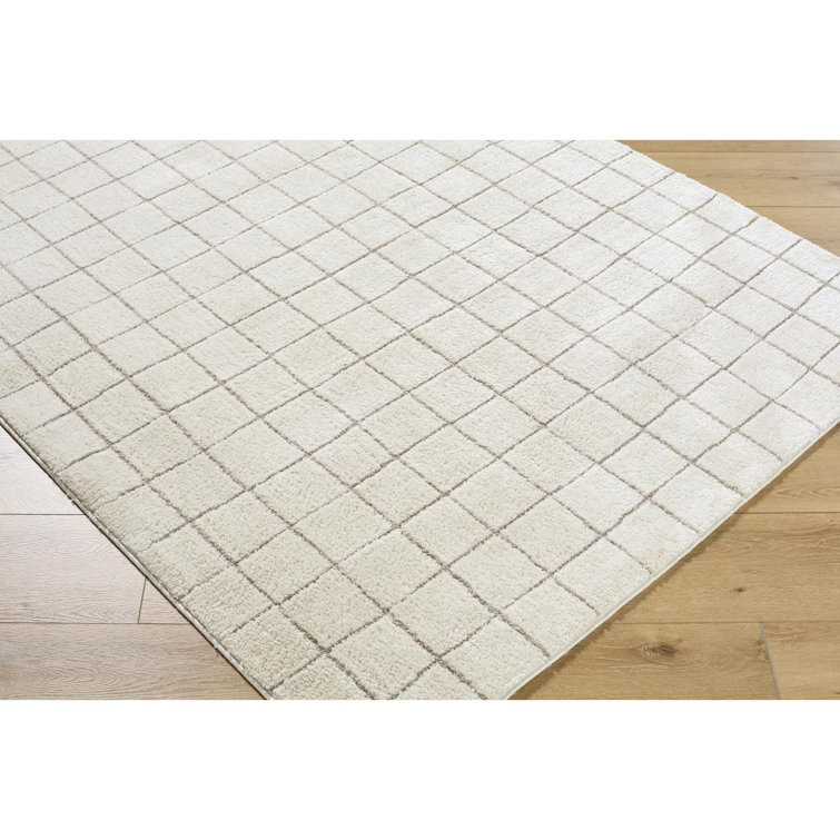 Ivory and Taupe High Pile Grid Area Rug