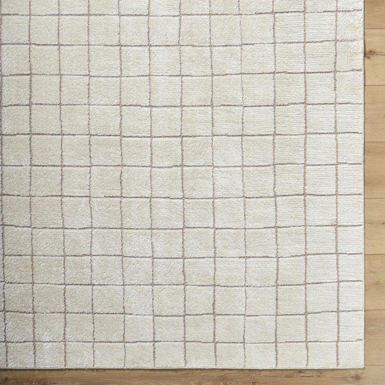 Ivory and Taupe High Pile Grid Area Rug