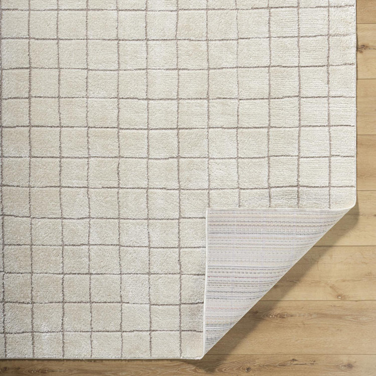 Ivory and Taupe High Pile Grid Area Rug