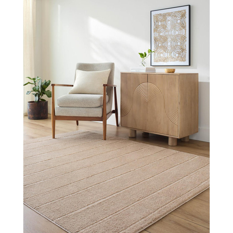 Taupe High Pile Striped Synthetic Area Rug