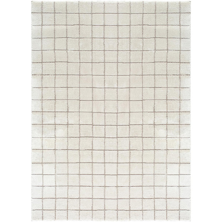 Ivory and Taupe High Pile Grid Area Rug