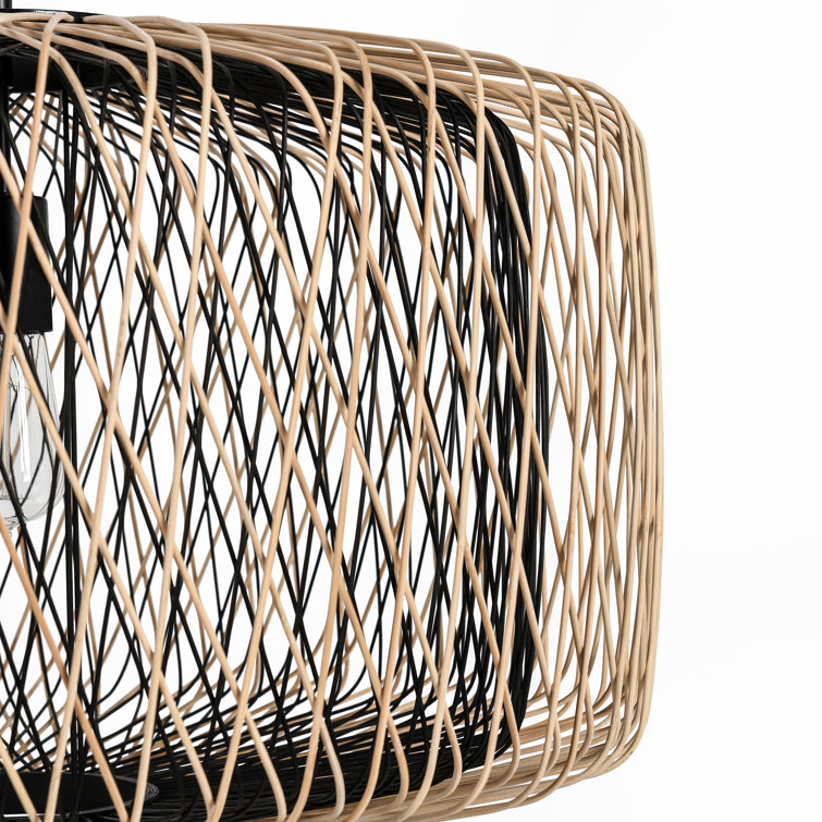 Estella Matte Black and Natural Rattan Pendant Light