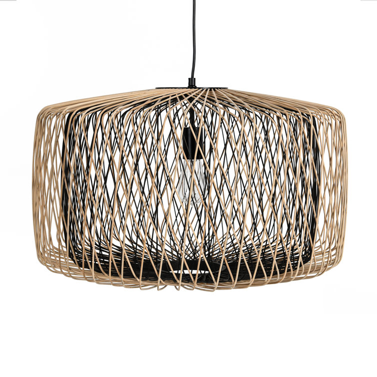 Estella Matte Black and Natural Rattan Pendant Light