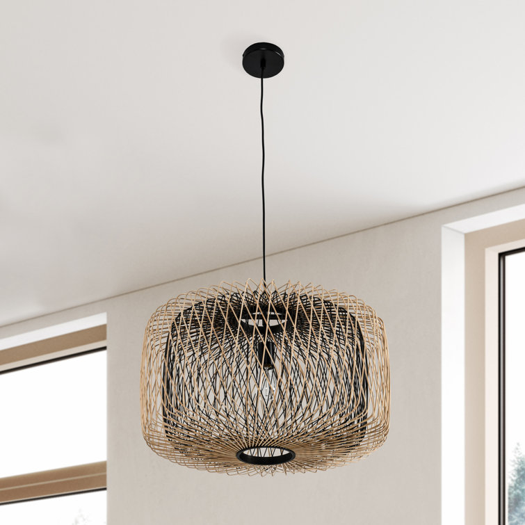 Estella Matte Black and Natural Rattan Pendant Light
