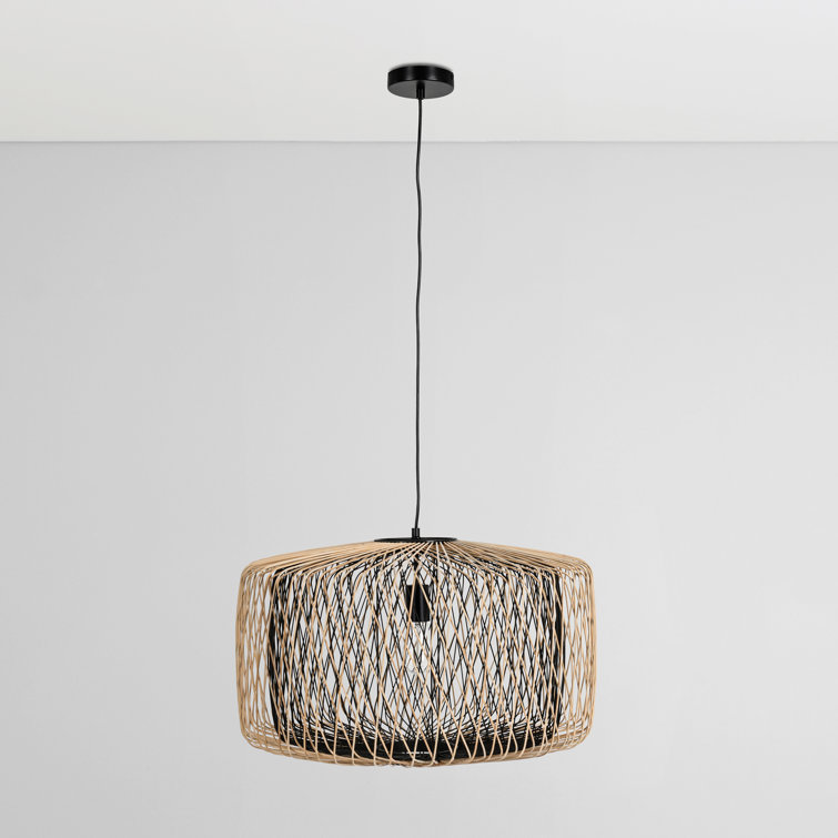 Estella Matte Black and Natural Rattan Pendant Light