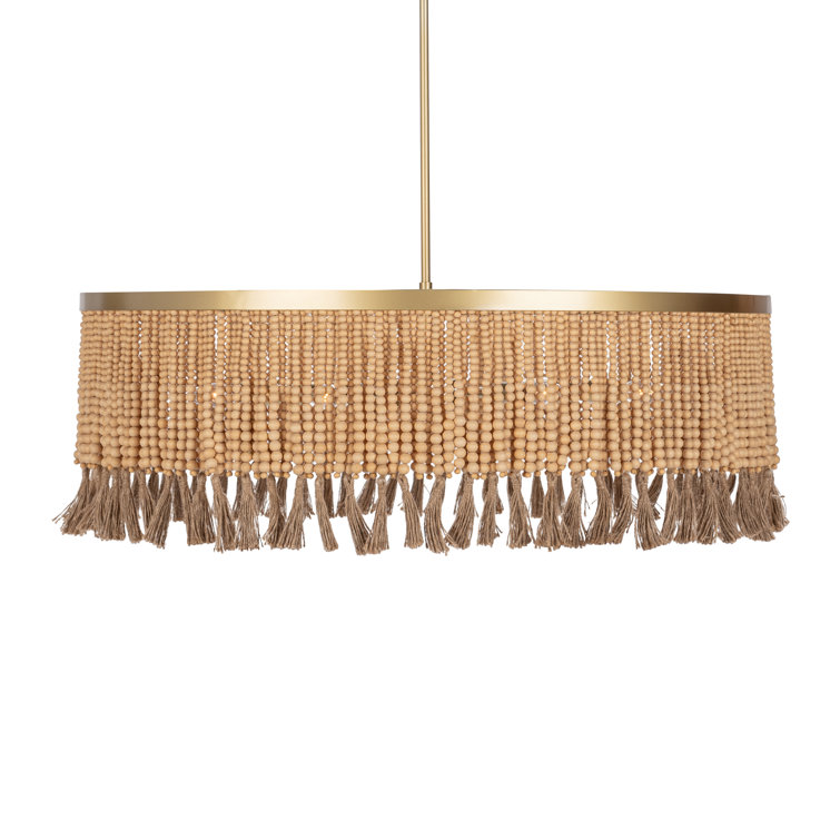 Natural Wood Bead Fringe Pendant Light with Gold Brass Rim