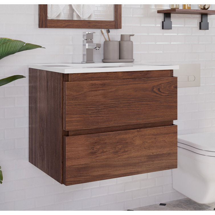 Formosa Warm Walnut Wall Mount Single Sink Vanity with Quartz Top