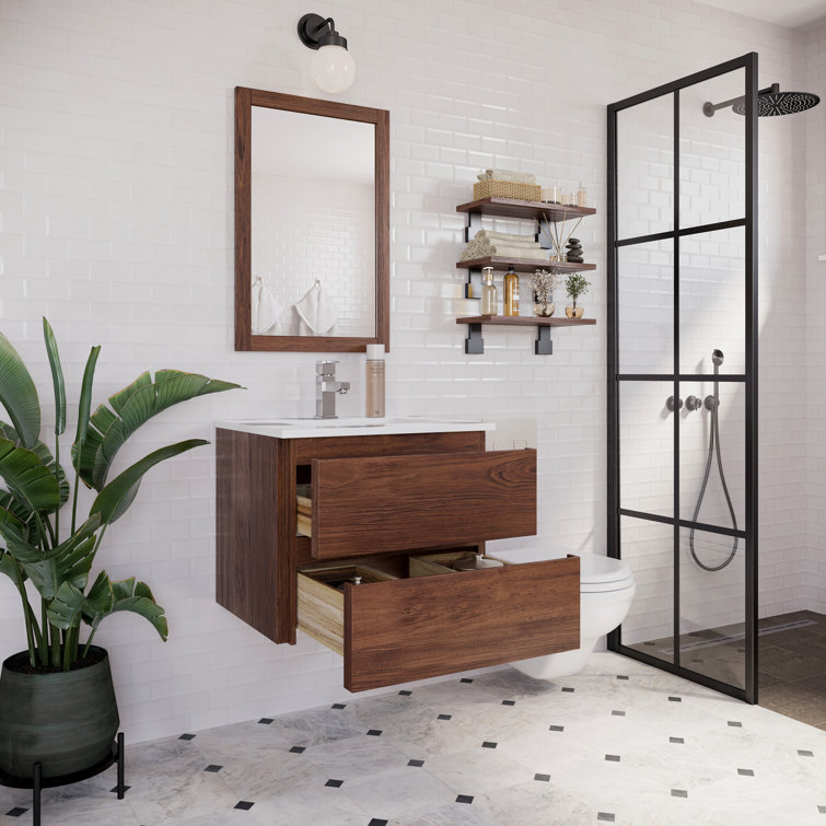 Formosa Warm Walnut Wall Mount Single Sink Vanity with Quartz Top