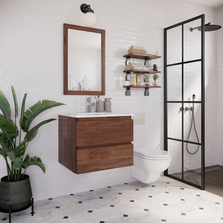 Formosa Warm Walnut Wall Mount Single Sink Vanity with Quartz Top