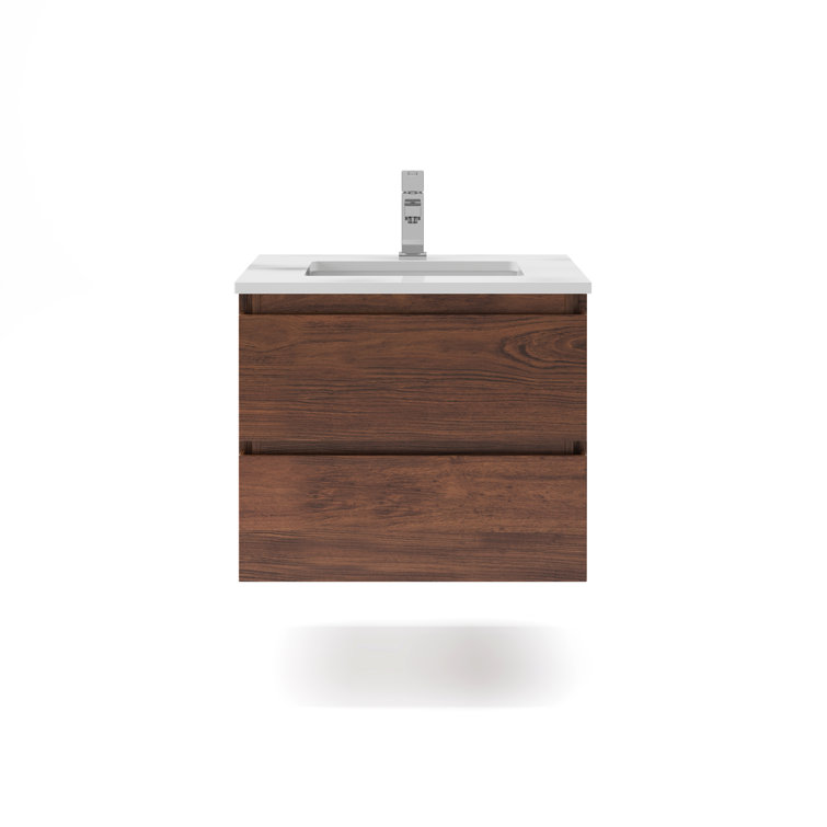 Formosa Warm Walnut Wall Mount Single Sink Vanity with Quartz Top